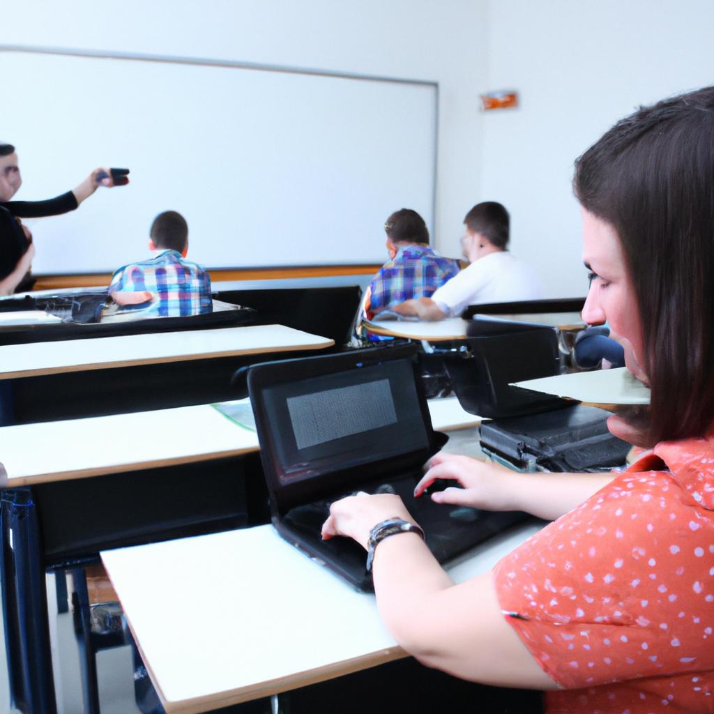 Teacher using technology in classroom