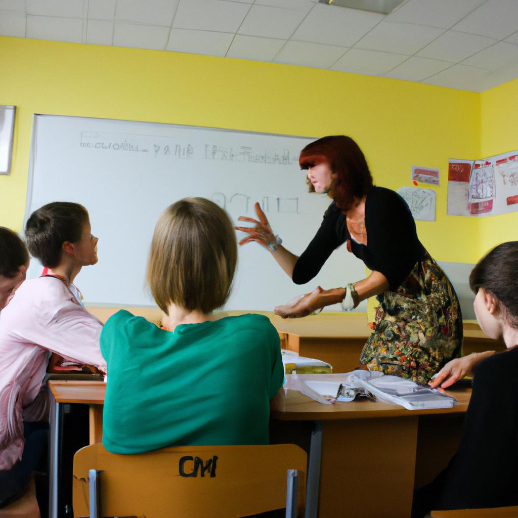 Woman teaching students in classroom
